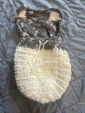 Handmade Cream and Gray Baby Cocoon with bear ear Hood